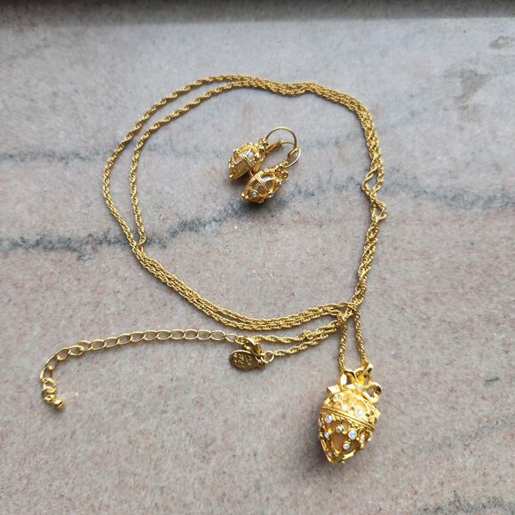 Faberge Egg Pendant Necklace Earrings Set Joan Rivers Jewelry Locket Rhinestone - Picture 6 of 12